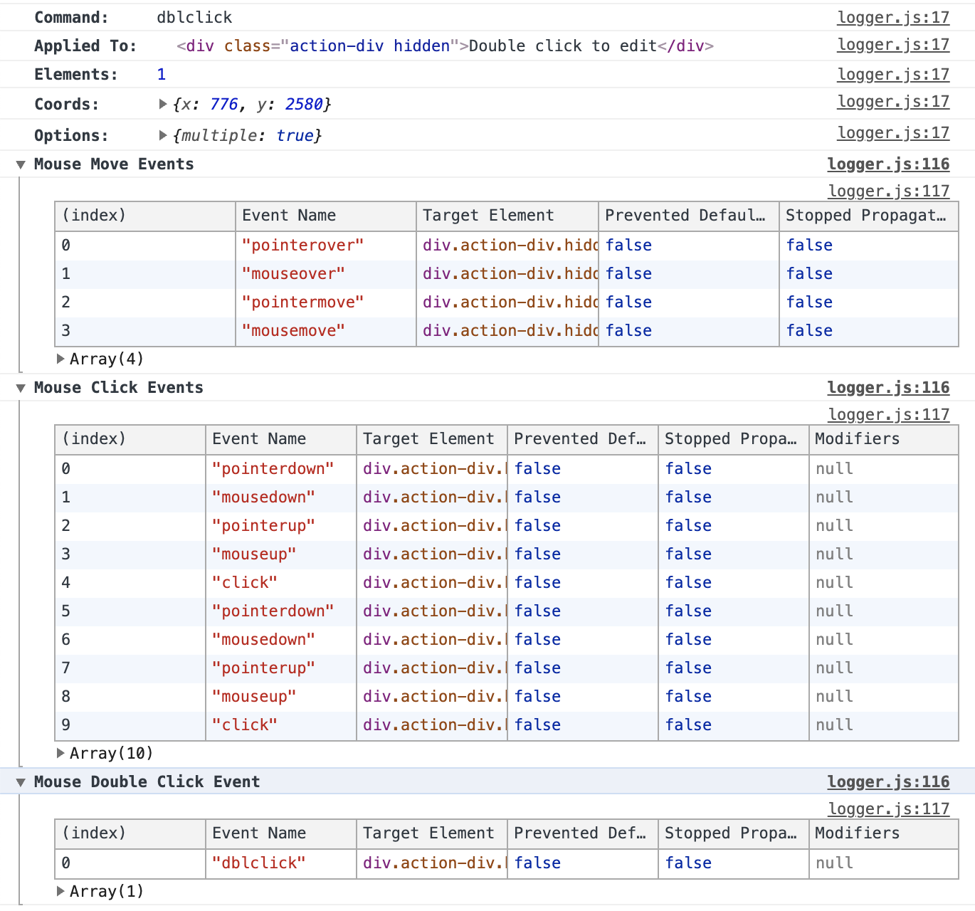 console.log dblclick